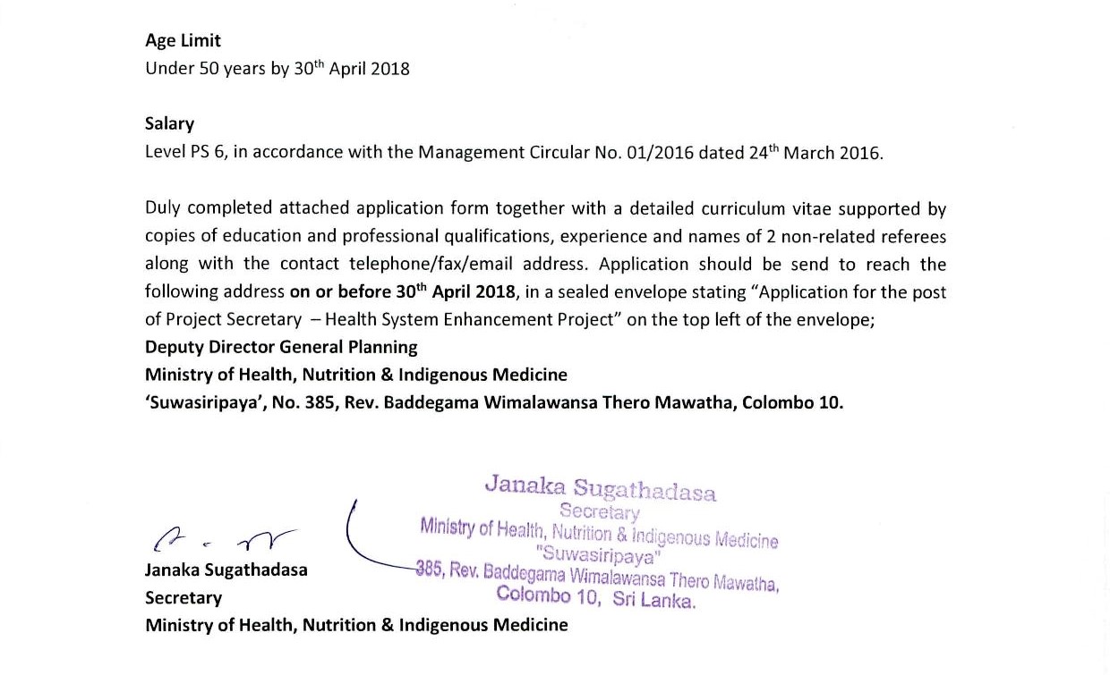 Project Coordinator, Project Secretary - Ministry of Health, Nutrition & Indigenous Medicine